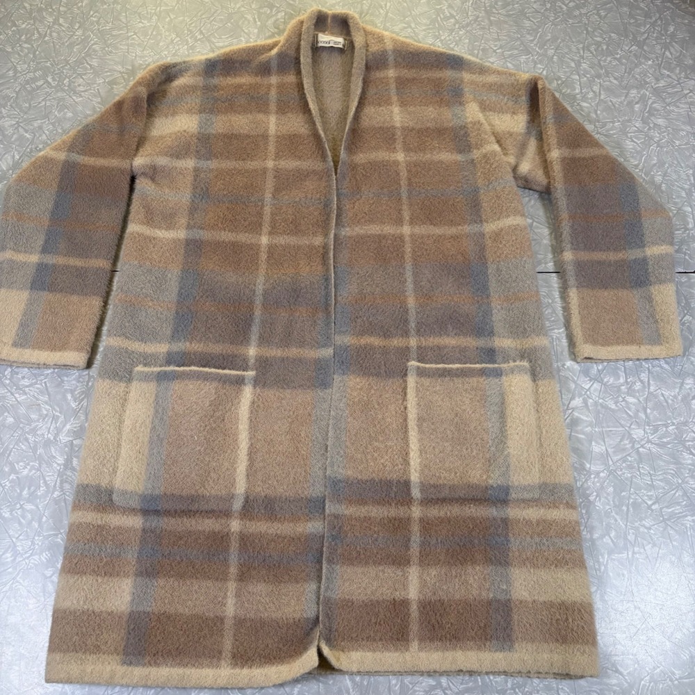 Becool Plaid Longline Cardigan Sweater Tan Blue Open Front Duster S/M 63792